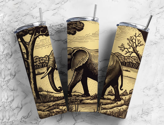 Elephant neutral 20oz Sublimation Tumbler Designs, Savannah landscape 9.2 x 8.3” Straight Skinny Tumbler Wrap PNG