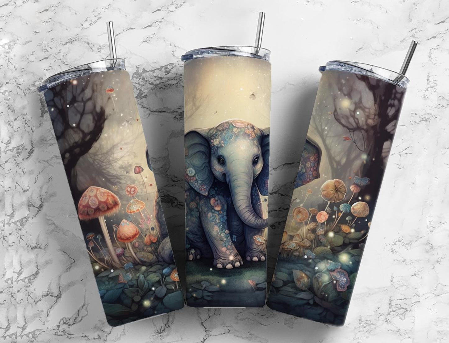 Baby elephant 20oz Sublimation Tumbler Designs, Mushroom forest 9.2 x 8.3” Straight Skinny Tumbler Wrap PNG