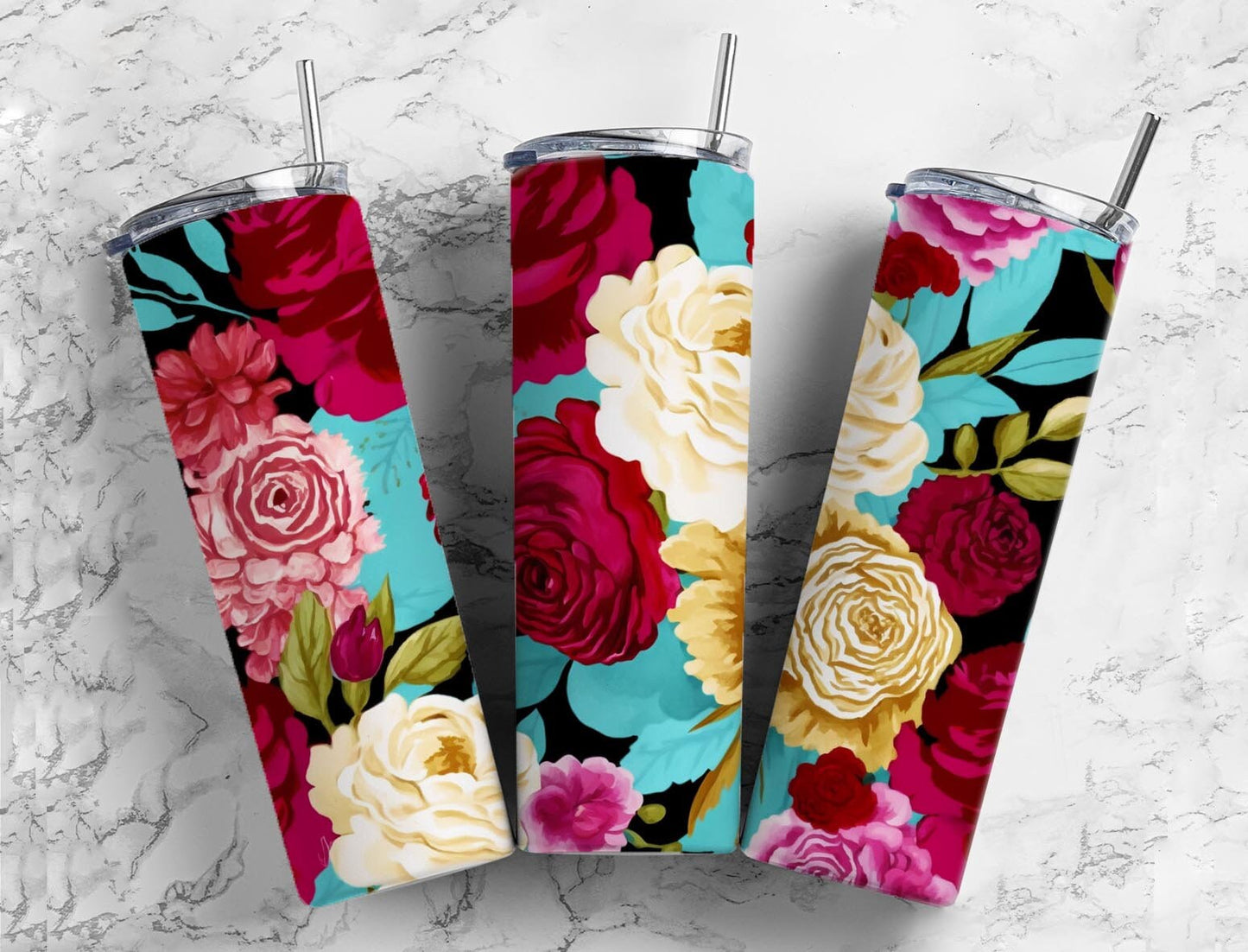 Red and white roses 20oz Sublimation Tumbler Designs, Colorful floral 9.2 x 8.3” Straight Skinny Tumbler Wrap PNG