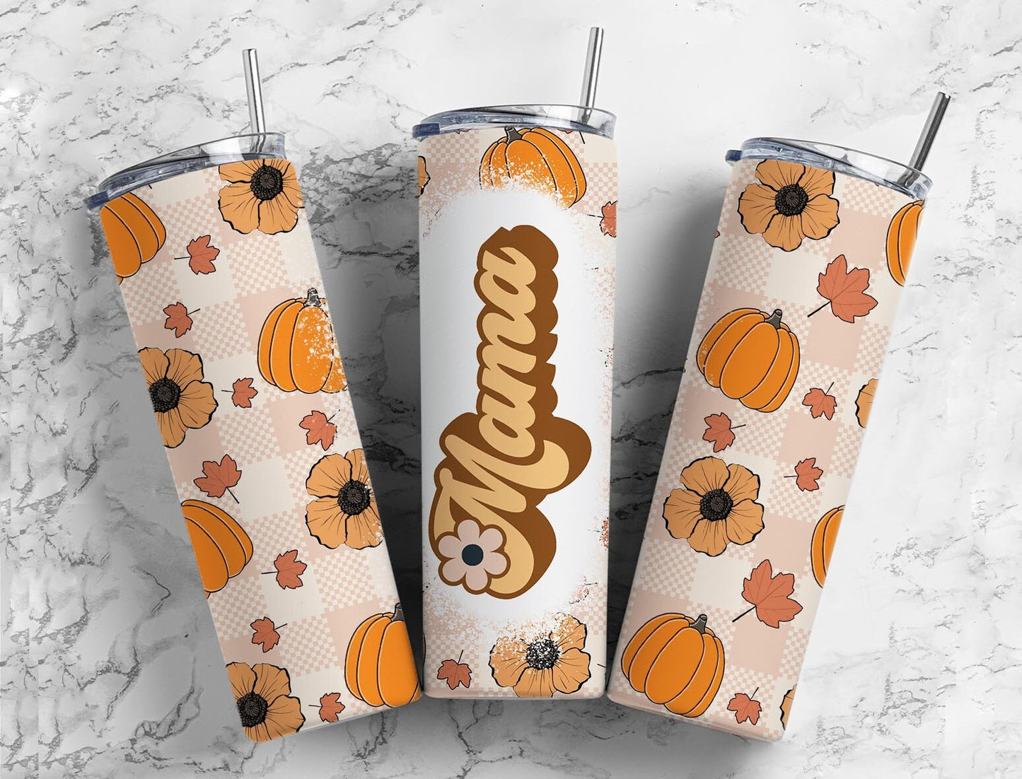 Pumpkin Fall Retro 20oz Sublimation Tumbler Designs, Mom Aesthetic Floral 9.2 x 8.3” Straight Skinny Tumbler Wrap PNG, Mama