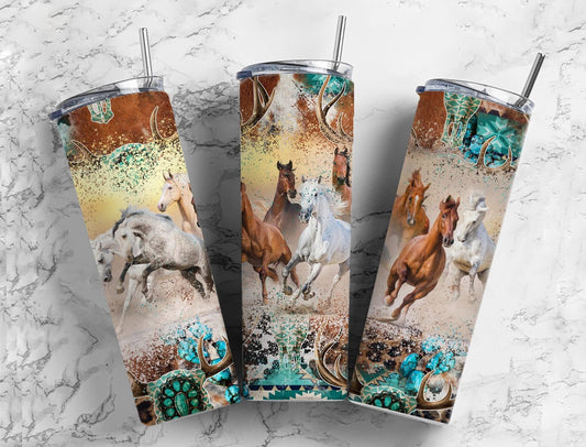 Cow Skull Horse 20oz Sublimation Tumbler Designs, Aztec Country Western 9.2 x 8.3” Straight Skinny Tumbler, Horse Lover Wrap PNG