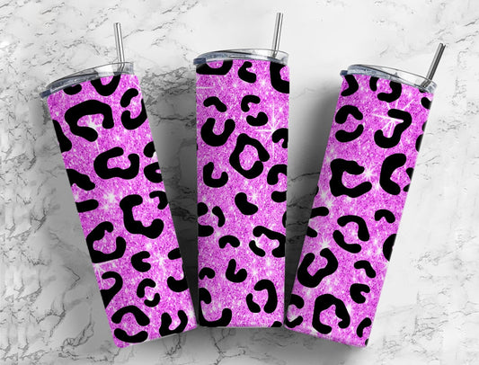 Pink glitter sparkle 20oz Sublimation Tumbler Designs, Leopard print 9.2 x 8.3” Straight Skinny Tumbler Wrap PNG