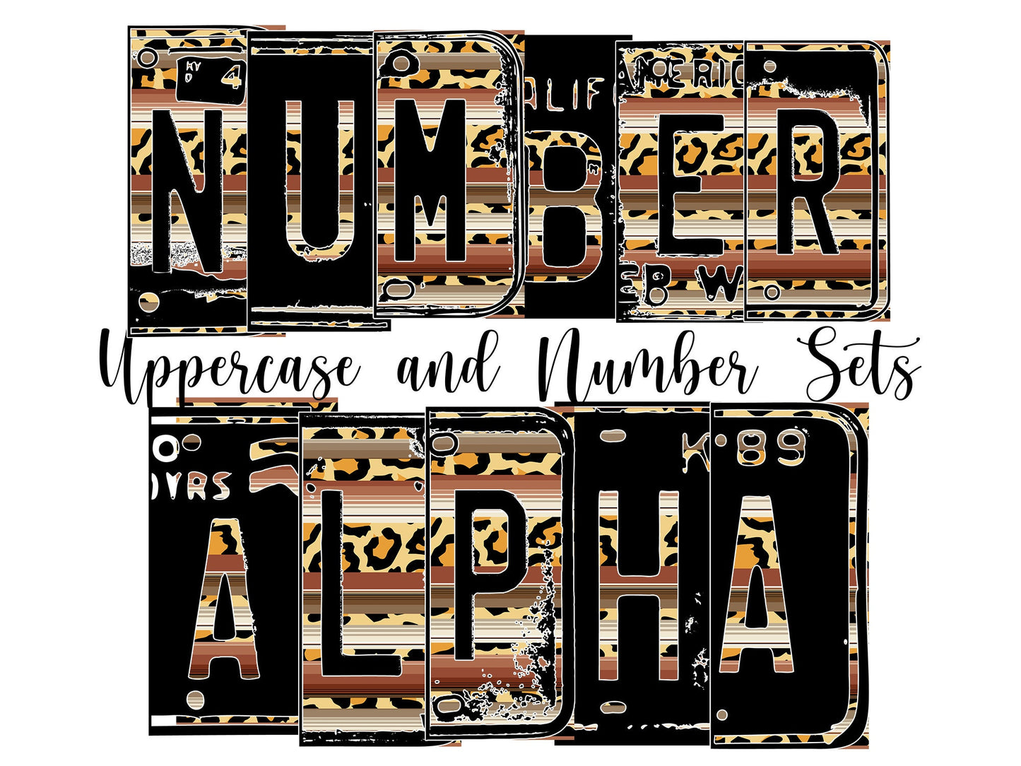 Leopard Serape Number Plate Alphabet Uppercase Numbers PNG, Brown Tan Alphabet PNG Digital Download