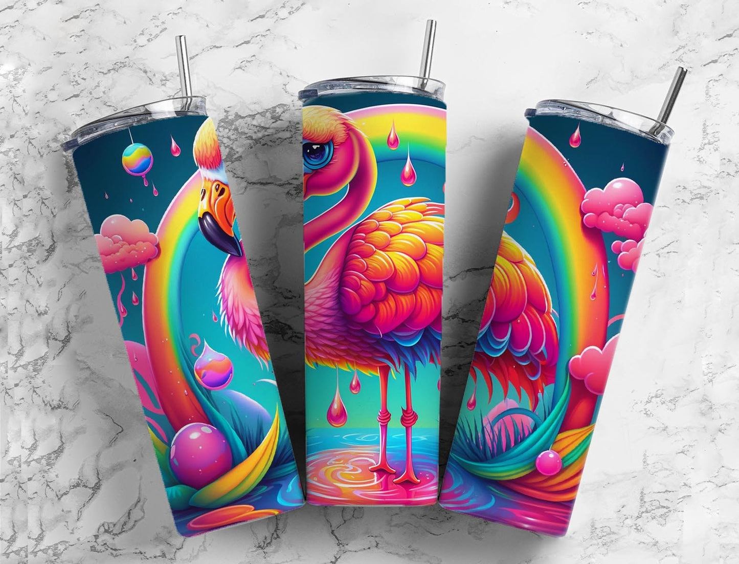 Cartoon flamingo 20oz Sublimation Tumbler Designs, Rainbow colorful 9.2 x 8.3” Straight Skinny Tumbler Wrap PNG