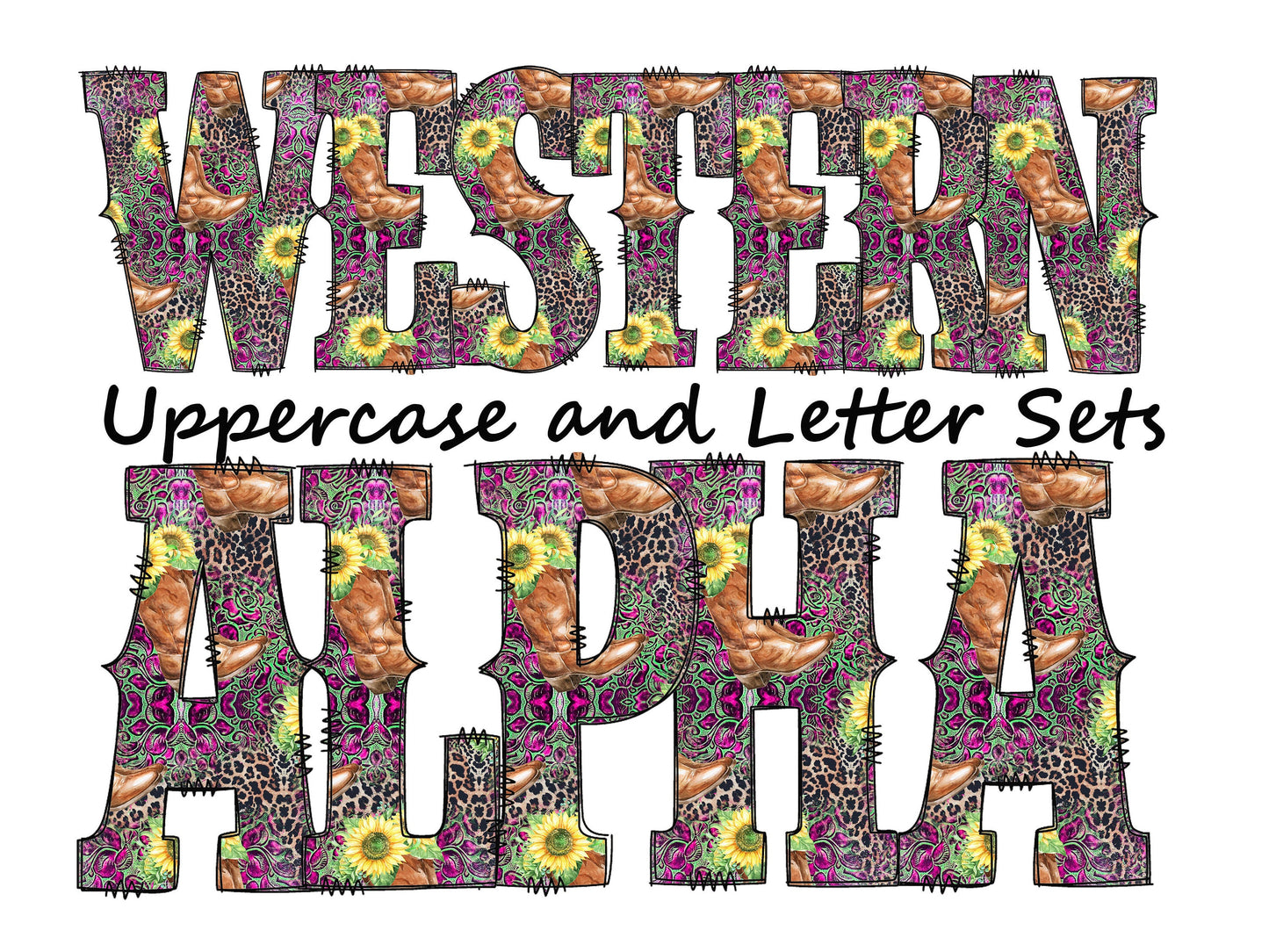 Country sunflower Doodle Letters Western Alphabet, Purple animal print Alphabet PNG, Entire Doodle Alphabet Uppercase and Numbers PNG