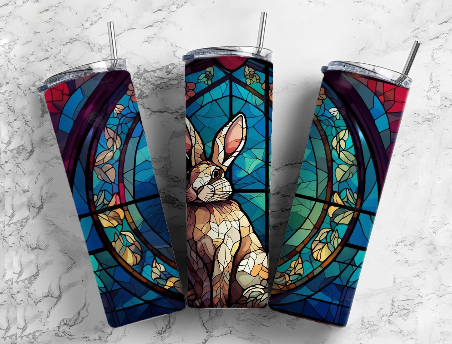 Stained glass window 20oz Sublimation Tumbler Designs, Colorful rabbit 9.2 x 8.3” Straight Skinny Tumbler Wrap PNG