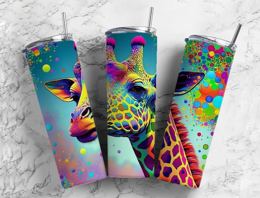 Rainbow giraffe 20oz Sublimation Tumbler Designs, colorful neon 9.2 x 8.3” Straight Skinny Tumbler Wrap PNG