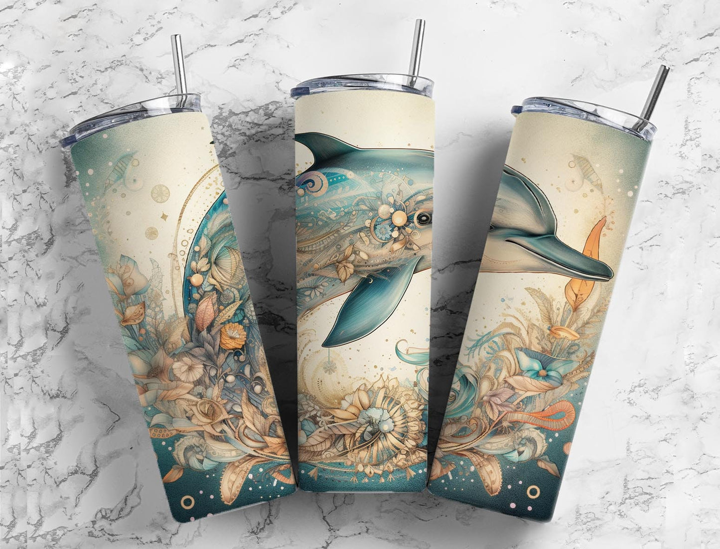 Dolphin 20oz Sublimation Tumbler Designs, Neutral floral 9.2 x 8.3” Straight Skinny Tumbler Wrap PNG