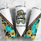 Turquoise Leopard Print 20oz Sublimation Tumbler Designs, Messy Bun V Split 9.2 x 8.3” Straight Skinny Tumbler Wrap, Mom Life PNG, Sunflower