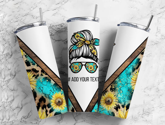 Turquoise Leopard Print 20oz Sublimation Tumbler Designs, Messy Bun V Split 9.2 x 8.3” Straight Skinny Tumbler Wrap, Mom Life PNG, Sunflower