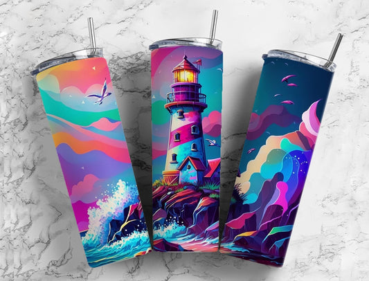 Pastel rainbow 20oz Sublimation Tumbler Designs, ocean lighthouse 9.2 x 8.3” Straight Skinny Tumbler Wrap PNG