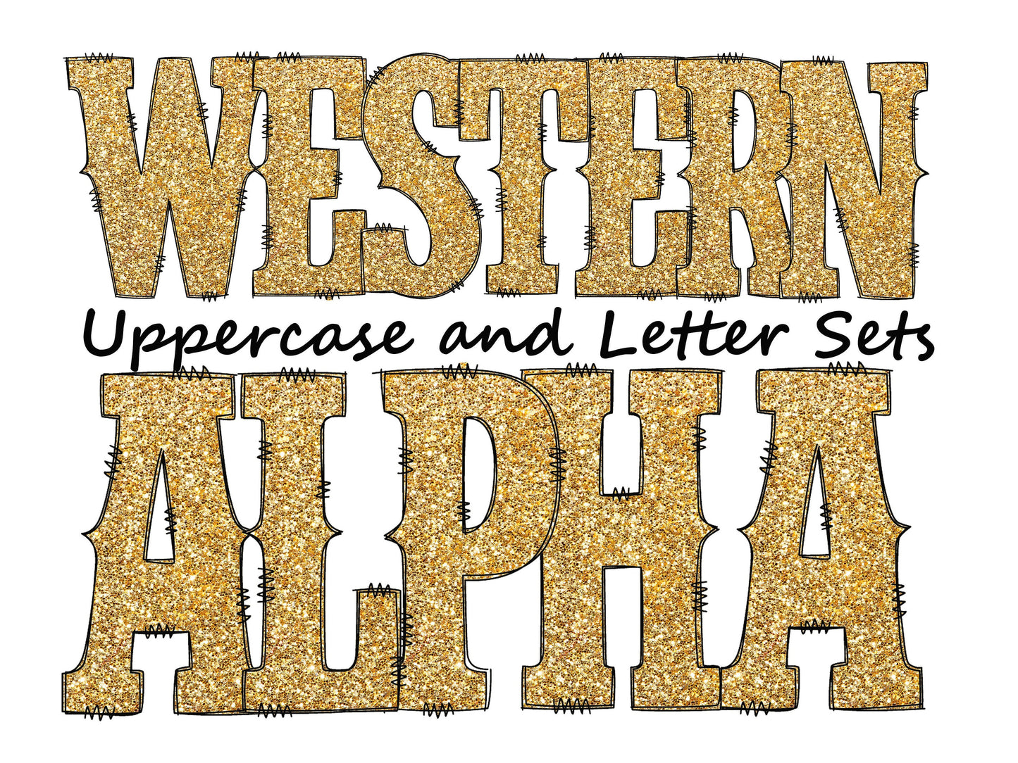 Sparkle Gold Western Doodle Letters, Glitter Country Individually Saved Doodle Alphabet Uppercase and Numbers PNG