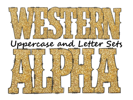 Sparkle Gold Western Doodle Letters, Glitter Country Individually Saved Doodle Alphabet Uppercase and Numbers PNG