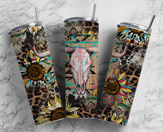 Bull Skull Sunflower 20oz Sublimation Tumbler Designs, Flower 9.2 x 8.3” Straight Skinny Tumbler, Turquoise Wrap PNG