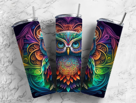 Rainbow owl 20oz Sublimation Tumbler Designs, Colorful neon 9.2 x 8.3” Straight Skinny Tumbler Wrap PNG