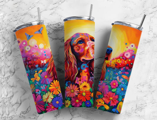 Cocker spaniel 20oz Sublimation Tumbler Designs, Floral landscape 9.2 x 8.3” Straight Skinny Tumbler Wrap PNG