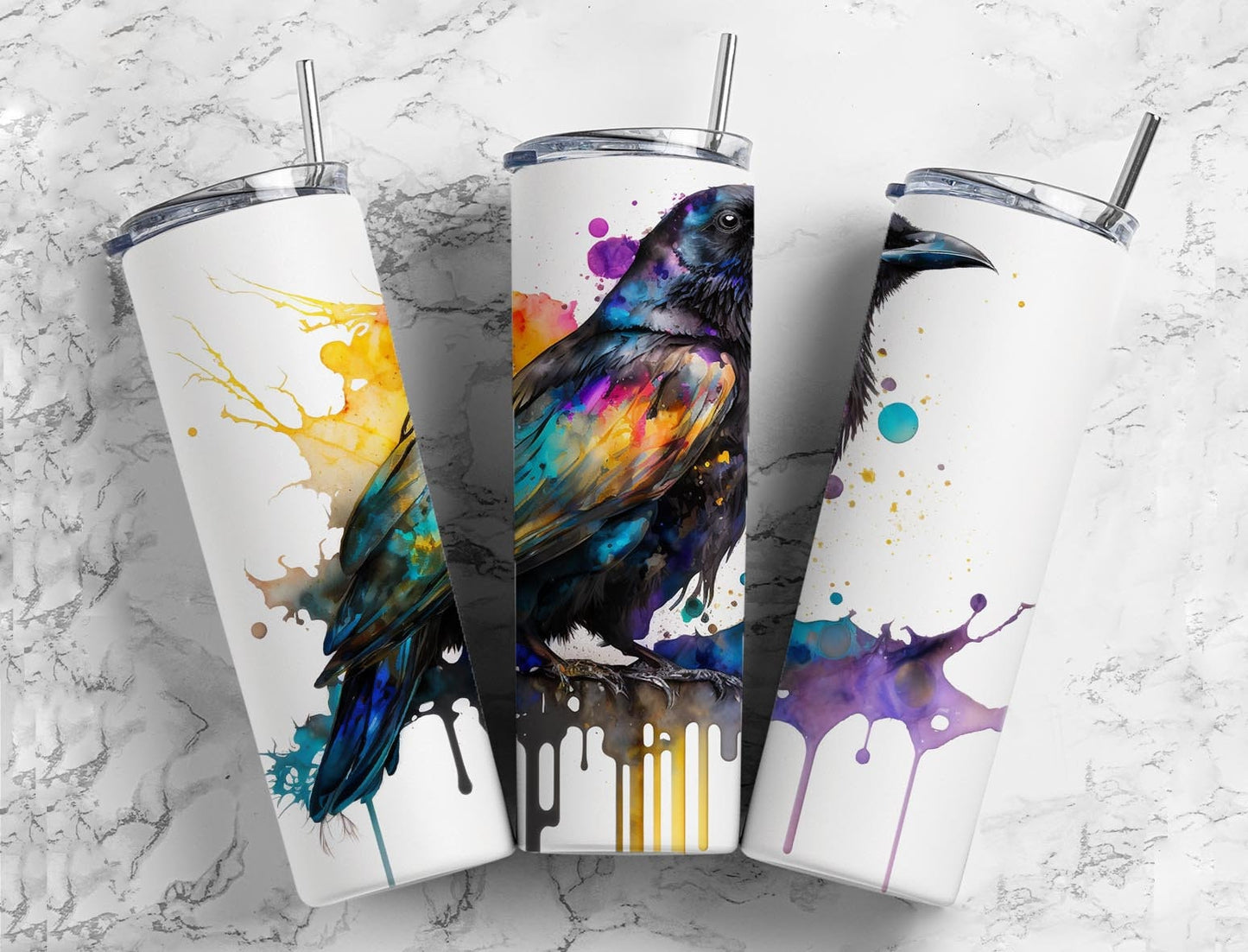 Crow 20oz Sublimation Tumbler Designs, Alcohol Ink Watercolor 9.2 x 8.3” Straight Skinny Tumbler, Tumbler Wrap PNG