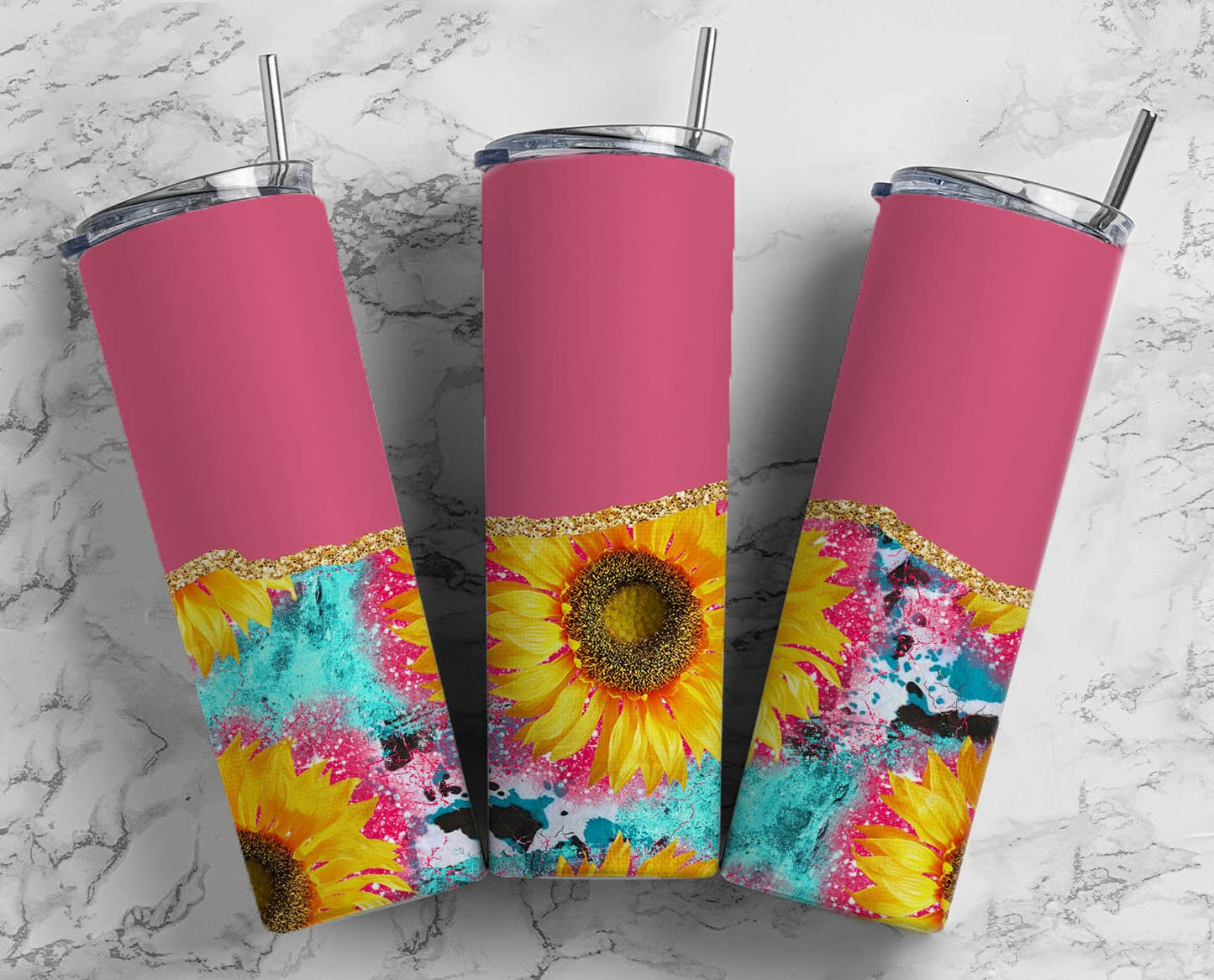 Pink Sunflower 20oz Sublimation Tumbler Designs, Agate Sunflower 9.2 x 8.3” Straight Skinny Tumbler Wrap 22