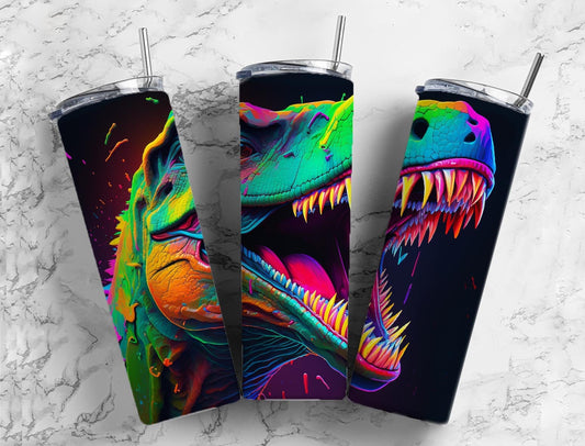 Neon Dinosaur 20oz Sublimation Tumbler Designs, Jurassic T rex 9.2 x 8.3” Straight Skinny Tumbler Wrap PNG, Sublimation Design PNG