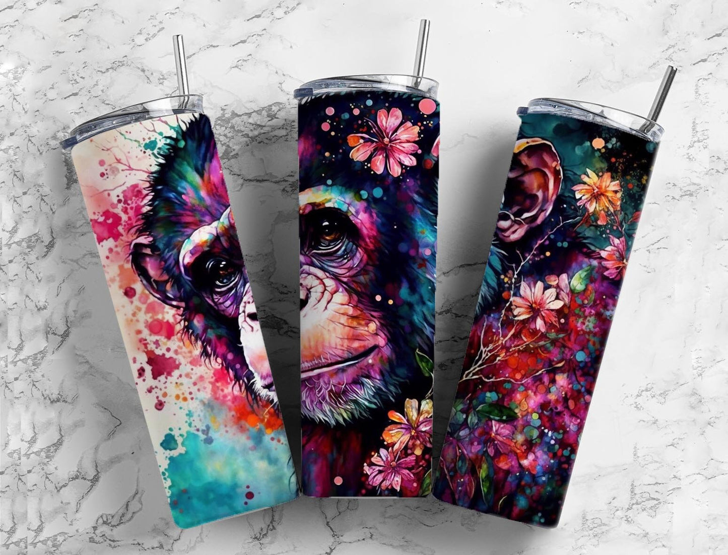 Alcohol ink chimpanzee 20oz Sublimation Tumbler Designs, Rainbow floral 9.2 x 8.3” Straight Skinny Tumbler Wrap PNG