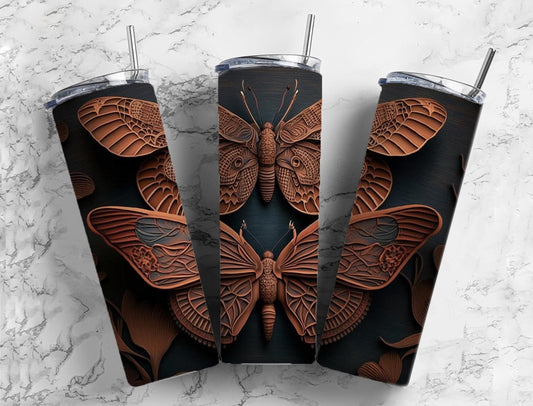 Tooled leather butterflies 20oz Sublimation Tumbler Designs, Carved leather 9.2 x 8.3” Straight Skinny Tumbler Wrap PNG