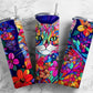 Colorful cat 20oz Sublimation Tumbler Designs, floral rainbow 9.2 x 8.3” Straight Skinny Tumbler Wrap PNG