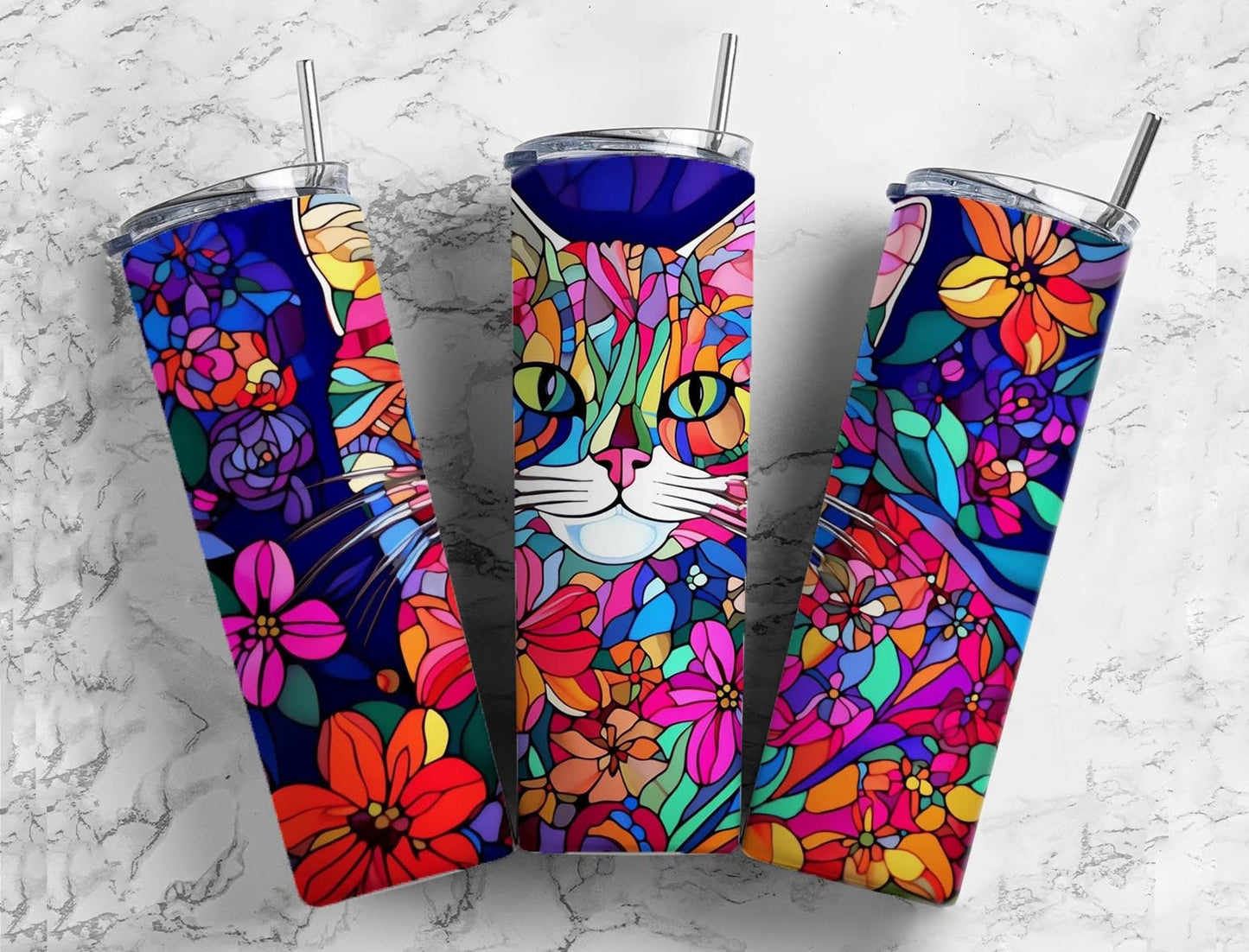 Colorful cat 20oz Sublimation Tumbler Designs, floral rainbow 9.2 x 8.3” Straight Skinny Tumbler Wrap PNG