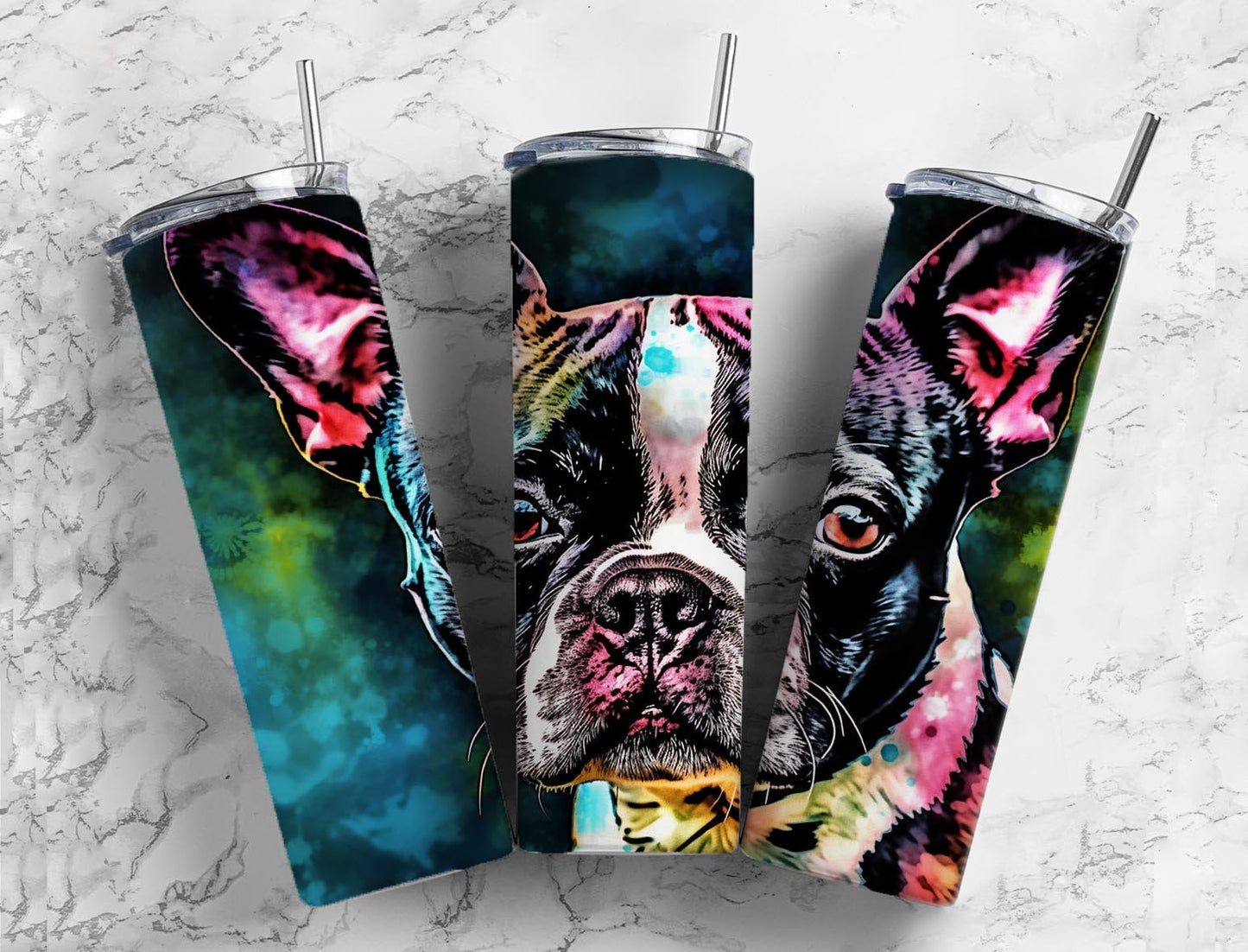 Boston terrier 20oz Sublimation Tumbler Designs, Colorful dog 9.2 x 8.3” Straight Skinny Tumbler Wrap PNG