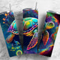 Rainbow sea turtle 20oz Sublimation Tumbler Designs, ocean neon 9.2 x 8.3” Straight Skinny Tumbler Wrap PNG