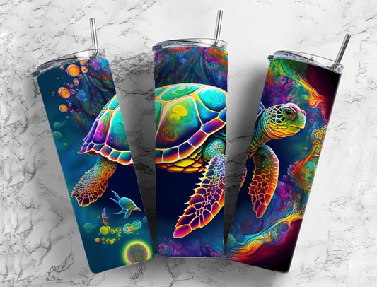 Rainbow sea turtle 20oz Sublimation Tumbler Designs, ocean neon 9.2 x 8.3” Straight Skinny Tumbler Wrap PNG