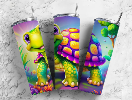 Cartoon tortoise 20oz Sublimation Tumbler Designs, Colorful rainbow 9.2 x 8.3” Straight Skinny Tumbler Wrap PNG