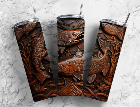 Tooled leather fish 20oz Sublimation Tumbler Designs, engraved leather 9.2 x 8.3” Straight Skinny Tumbler Wrap