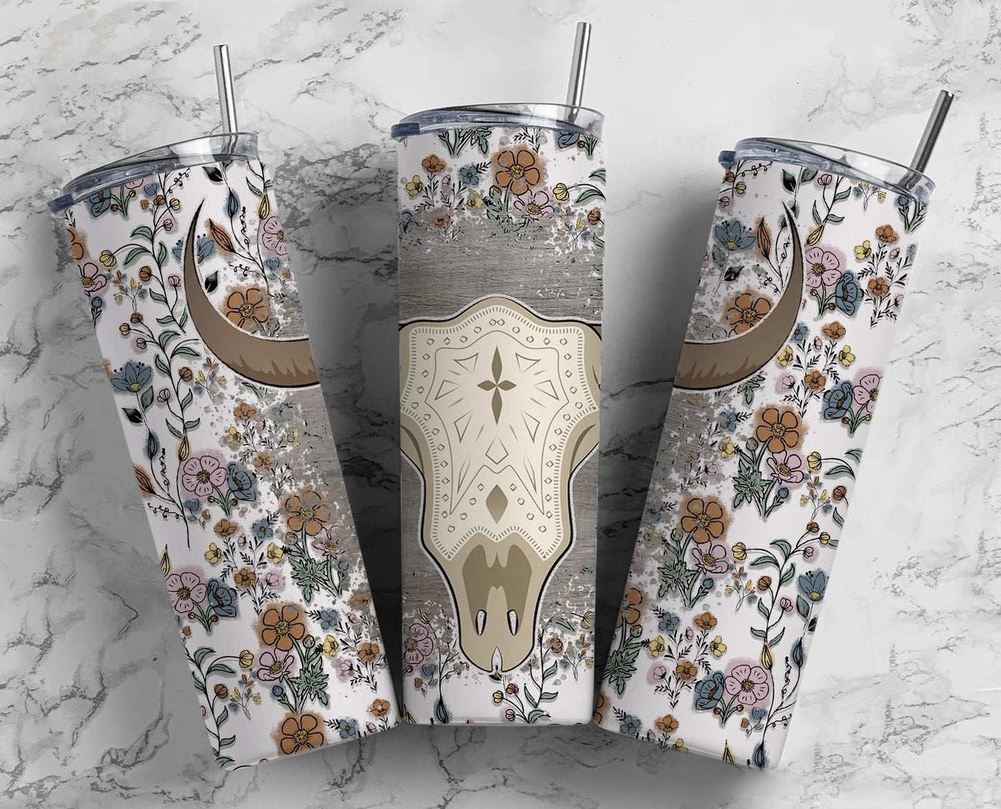 Boho Bull Skull 20oz Sublimation Tumbler Designs, Country Western 9.2 x 8.3” Straight Skinny Tumbler Wrap PNG