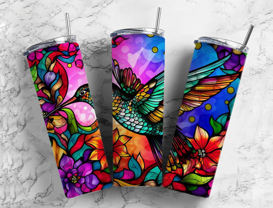 Hummingbird floral 20oz Sublimation Tumbler Designs, Colorful rainbow 9.2 x 8.3” Straight Skinny Tumbler Wrap PNG