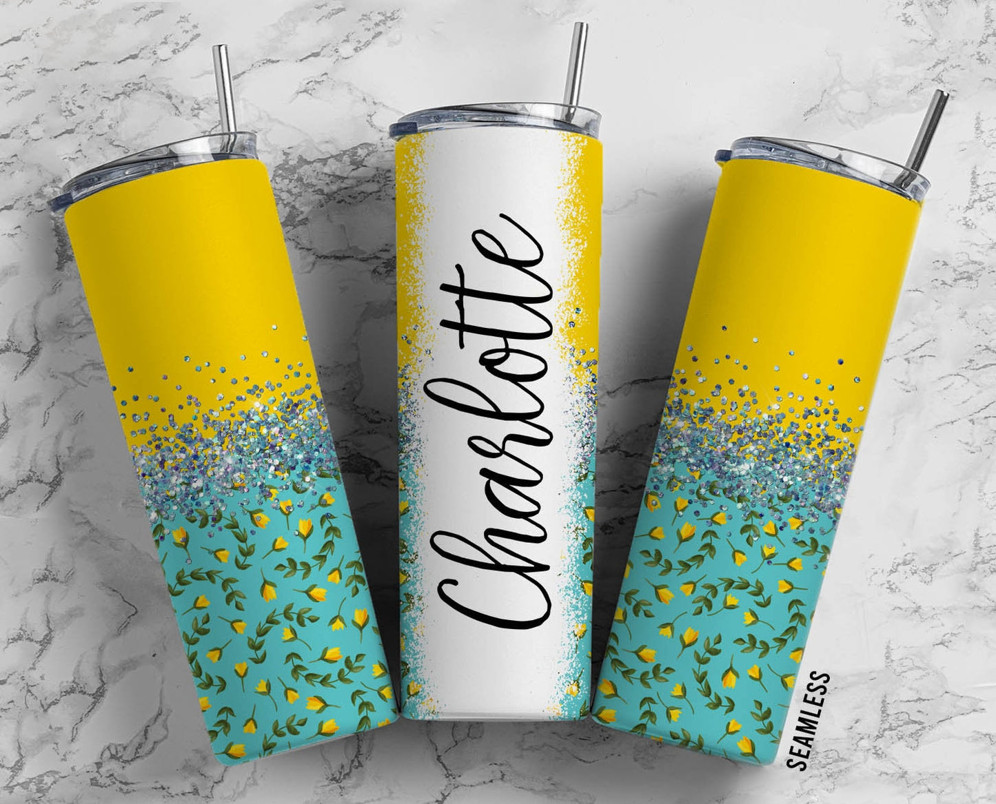 Yellow Rainbows 20oz Sublimation Tumbler Designs, Silver Glitter Split9.2 x 8.3” Straight Skinny Tumbler Wrap PNG 161