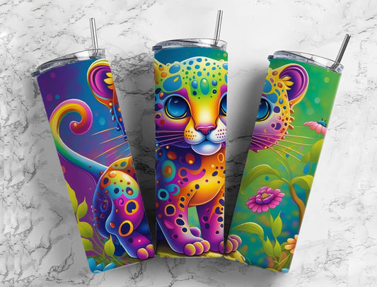 Cartoon baby leopard 20oz Sublimation Tumbler Designs, Rainbow colorful 9.2 x 8.3” Straight Skinny Tumbler Wrap PNG