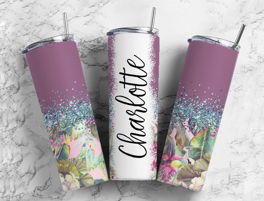 Botanical Aesthetic 20oz Sublimation Tumbler Designs, Iridescent Glitter Purple 9.2 x 8.3” Straight Skinny Tumbler, PNGp99