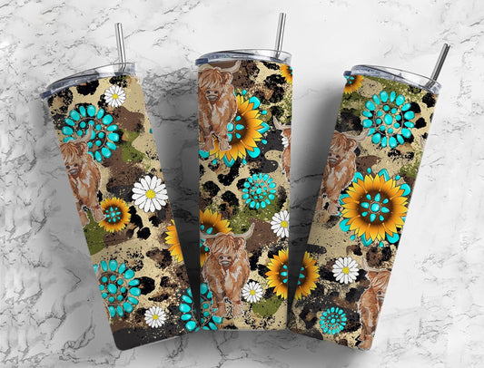 Serape Leopard Print 20oz Sublimation Tumbler Designs, Sunflower Turquoise Gem 9.2 x 8.3” Straight Skinny Tumbler, Mint Wrap PNG