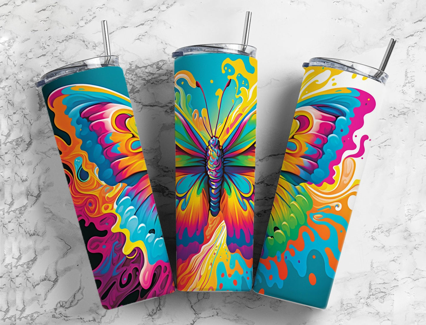 Rainbow Butterfly 20oz Sublimation Tumbler Designs, Alcohol Ink Hippie 9.2 x 8.3” Straight Skinny Tumbler Wrap PNG, Sublimation Design PNG