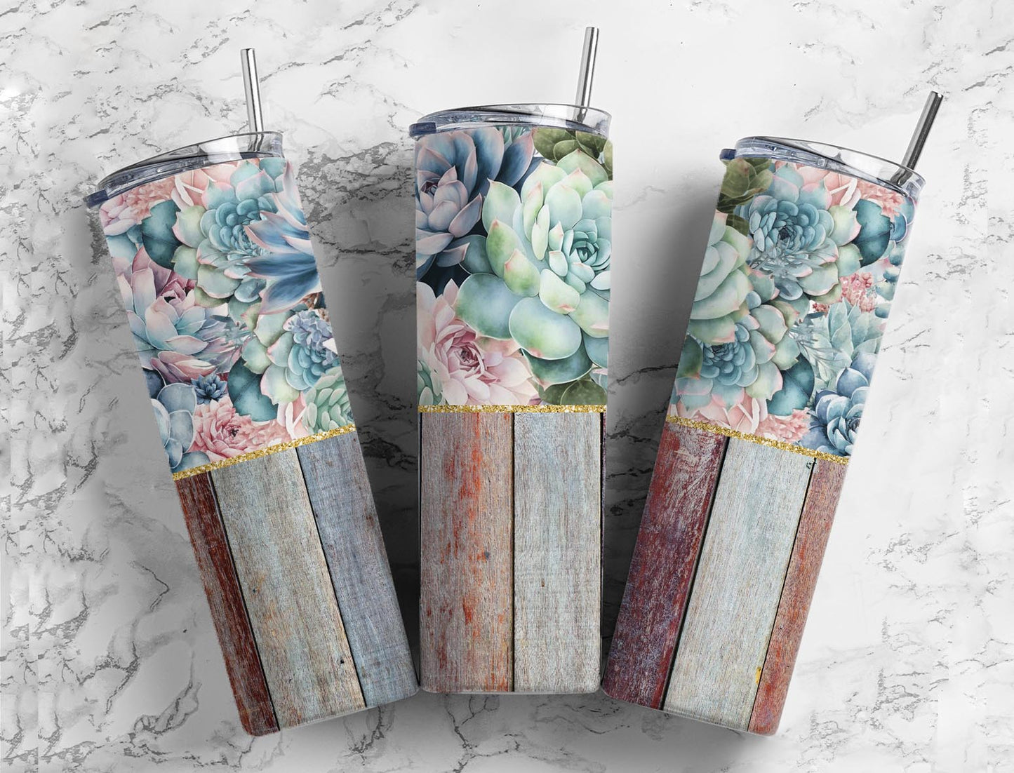 Succulent Floral 20oz Sublimation Tumbler Designs, Woodgrain  9.2 x 8.3” Straight Skinny Tumbler Wrap PNG