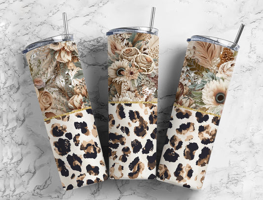 Chic Leopard Boho Flower  20oz Sublimation Tumbler Designs, half split 9.2 x 8.3” Straight Skinny Tumbler Wrap PNG