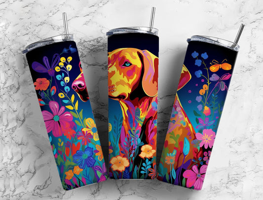 Vizsla dog 20oz Sublimation Tumbler Designs, Colorful floral landscape 9.2 x 8.3” Straight Skinny Tumbler Wrap PNG