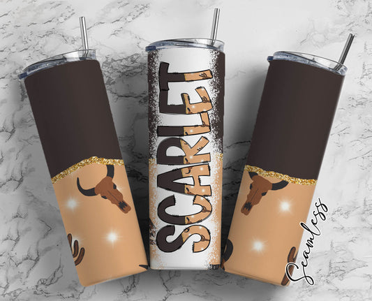 Bull Skull Tumbler Wrap with Matching Doodle Letter Alphabet PNG, Aesthetic Add your Own name 20oz Tumbler, Alpha Set PNG Country 66