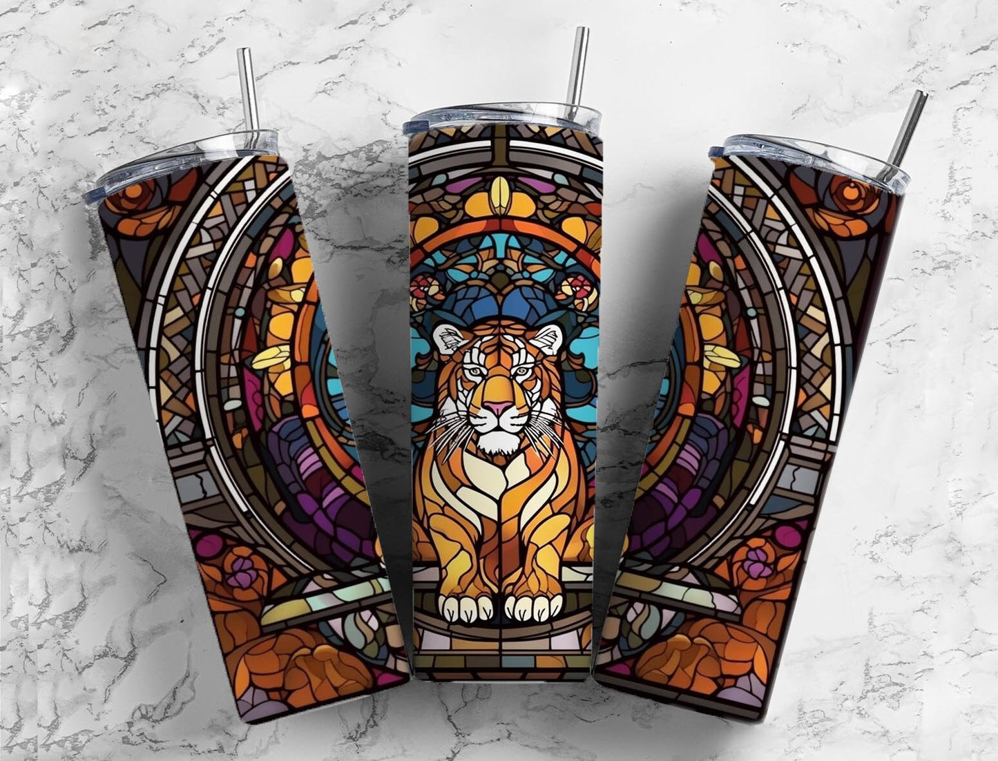 Stained glass windpow 20oz Sublimation Tumbler Designs, tiger pattern 9.2 x 8.3” Straight Skinny Tumbler Wrap PNG