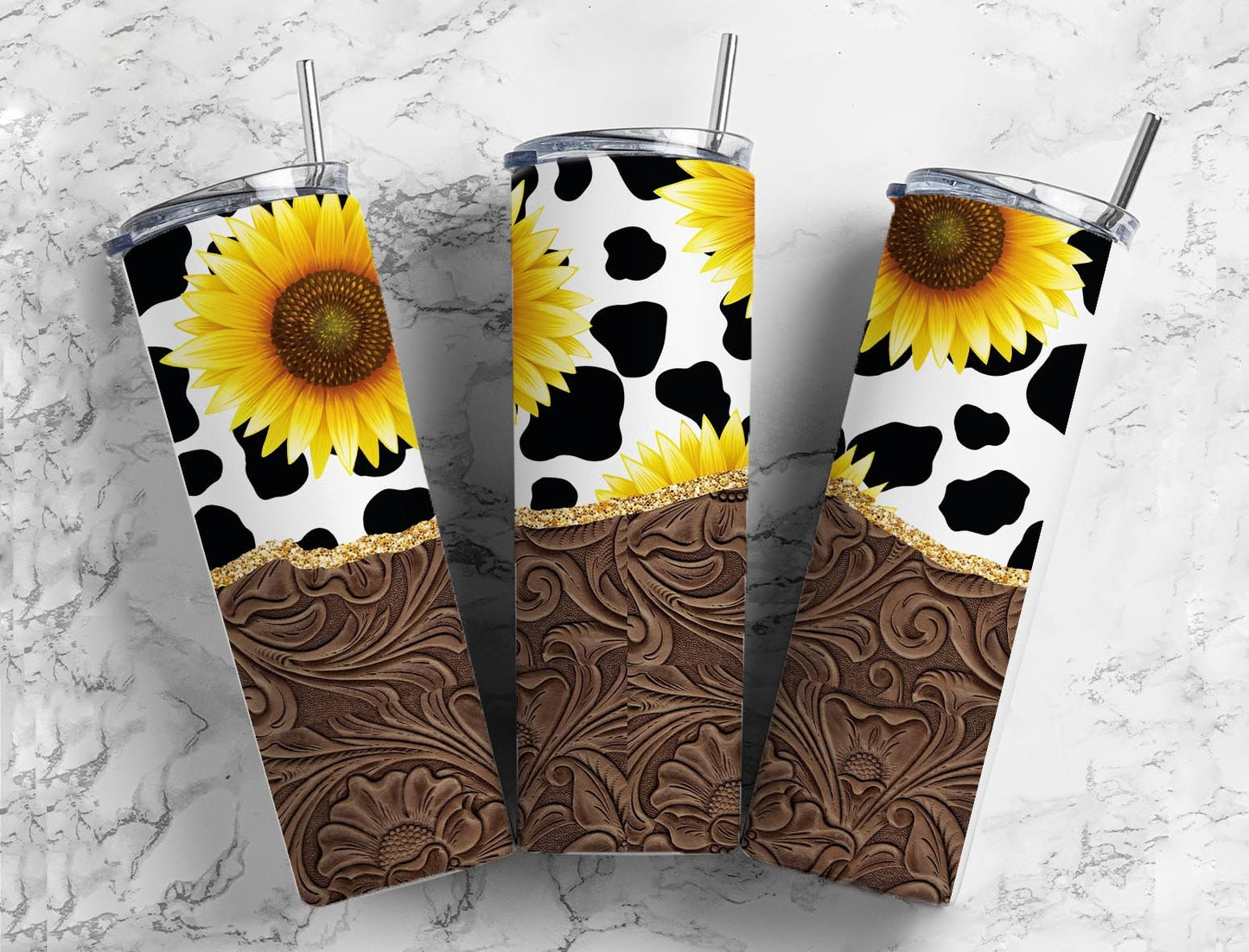 Western Cow Hide 20oz Sublimation Tumbler Designs, Agate Glitter Sunflower 9.2 x 8.3” Straight Skinny Tumbler, PNG