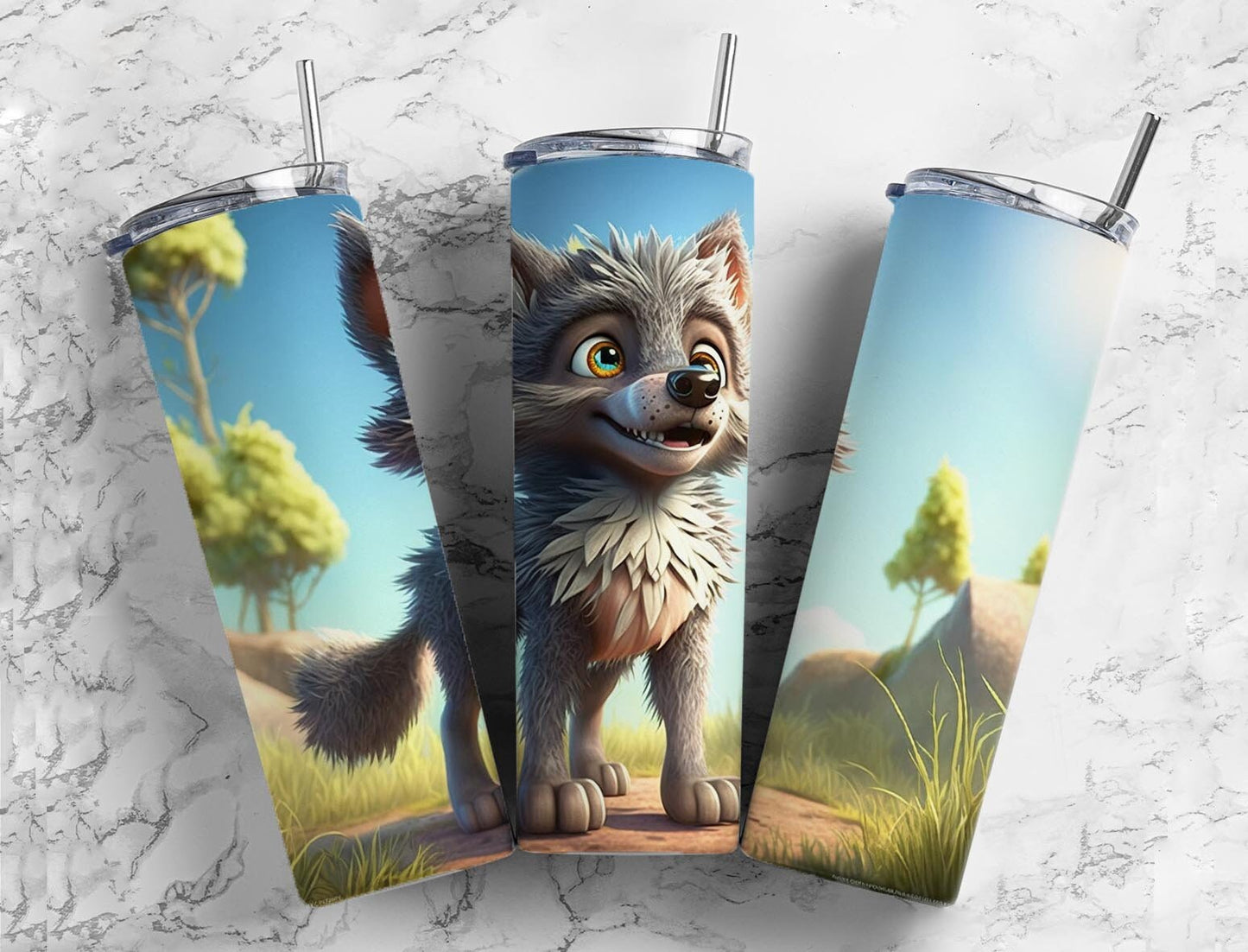 Cartoon wolf 20oz Sublimation Tumbler Designs, Forest landscape 9.2 x 8.3” Straight Skinny Tumbler Wrap PNG