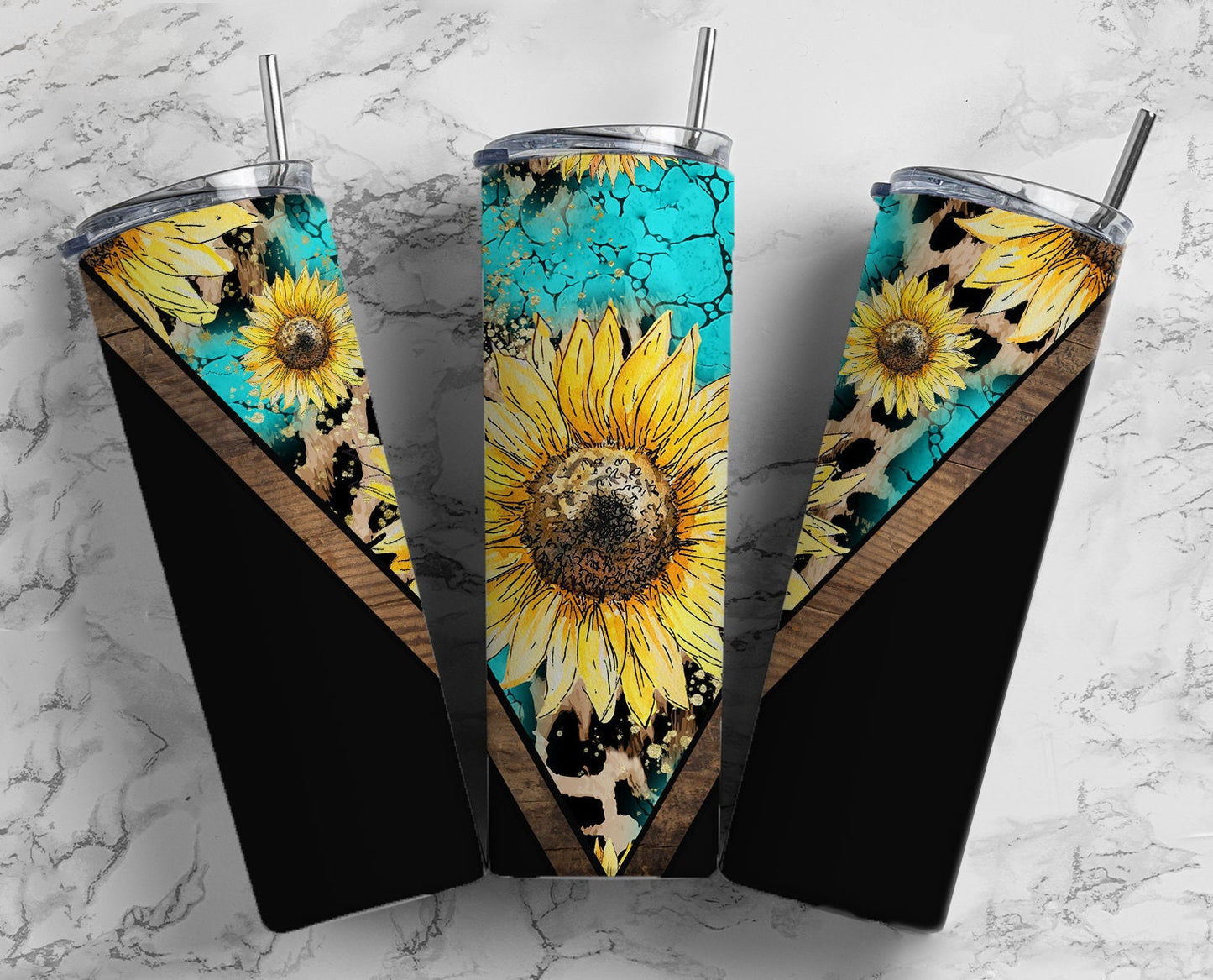 Bright Turquoise Leopard Print Sunflower 20oz Sublimation Tumbler Designs, Fluro V Split 9.2 x 8.3” Straight Skinny Tumbler Wrap PNG 90