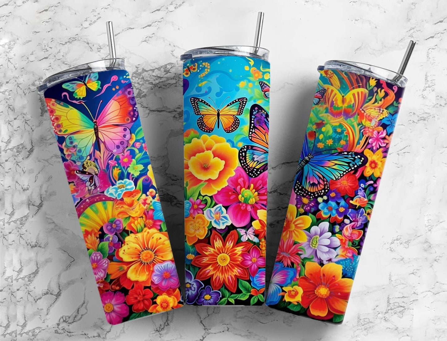 Butterfly garden 20oz Sublimation Tumbler Designs, Floral rainbow 9.2 x 8.3” Straight Skinny Tumbler Wrap PNG