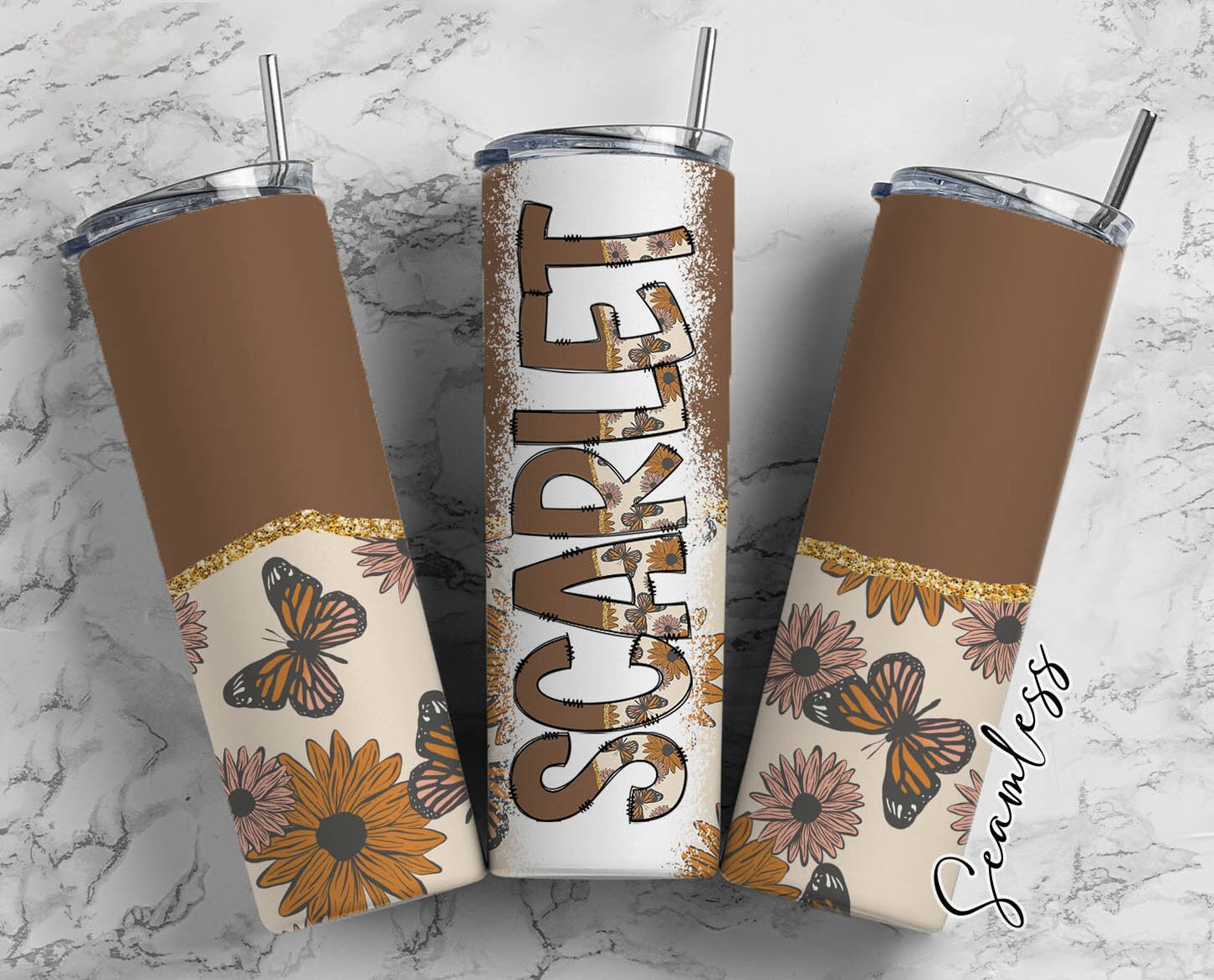 Boho Butterfly Tumbler Wrap with Matching Doodle Letter Alphabet PNG, Sunflower Aesthetic Add your Own name 20oz Tumbler, Alpha Set PNG 43