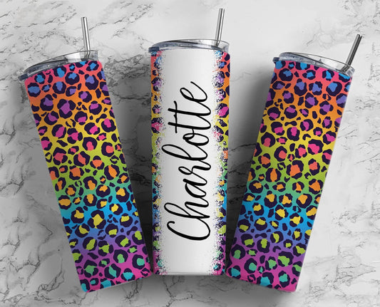 Rainbow leopard 20oz Sublimation Tumbler Designs, colorful animal print 9.2 x 8.3” Straight Skinny Tumbler Wrap PNG